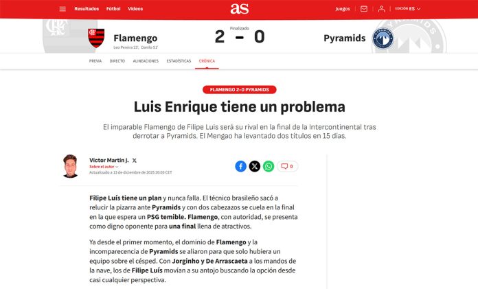 Jornal As falando da vitória do Flamengo sobre o Pyramids e sobre a final contra o PSG