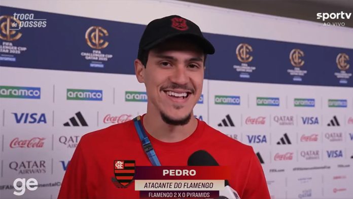 Pedro em entrevista após vitória do Flamengo sobre o Pyramids
