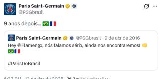 Postagem do PSG sobre o confronto com o Flamengo
