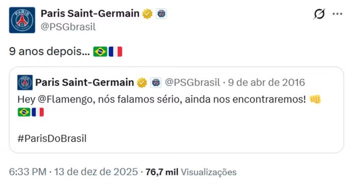 Postagem do PSG sobre o confronto com o Flamengo