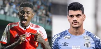 Vitão, zagueiro do Internacional e Gabriel Brazão, goleiro do Santos