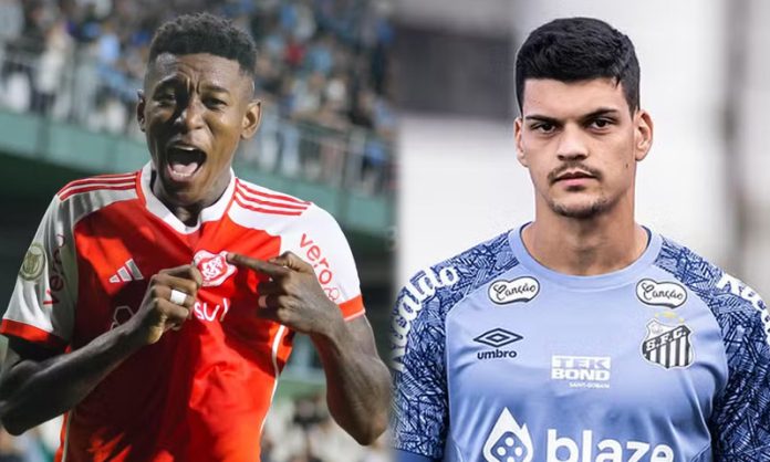 Vitão, zagueiro do Internacional e Gabriel Brazão, goleiro do Santos