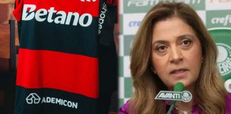 Camisa do Flamengo com o patrocínio da Ademicon e a presidente do Palmeiras Leila Pereira