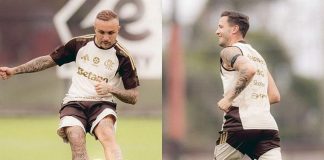 Cebolinha e Saúl em treino no Ninho do Urubu