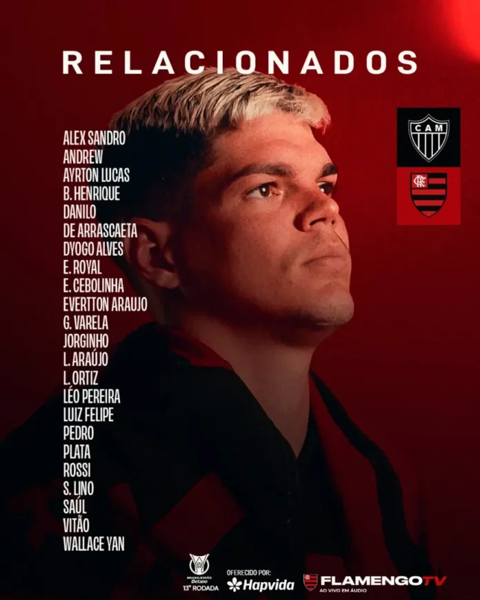 Jogadores do Flamengo relacionados para o jogo contra o Atlético-MG