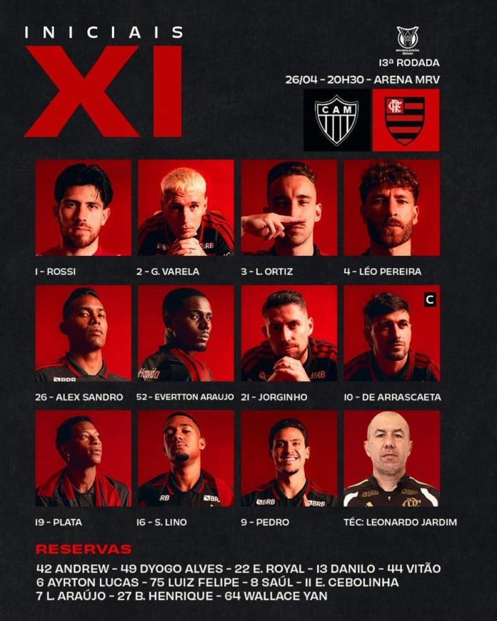 Escalação do time do Flamengo de hoje contra o Atlético Mineiro na Arena MRV, pelo brasileirão
