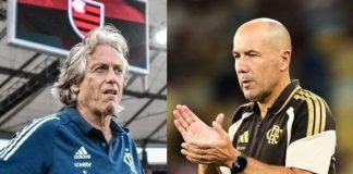 Ex-técnico do Flamengo Jorge Jesus e o atual técnico Léo Jardim