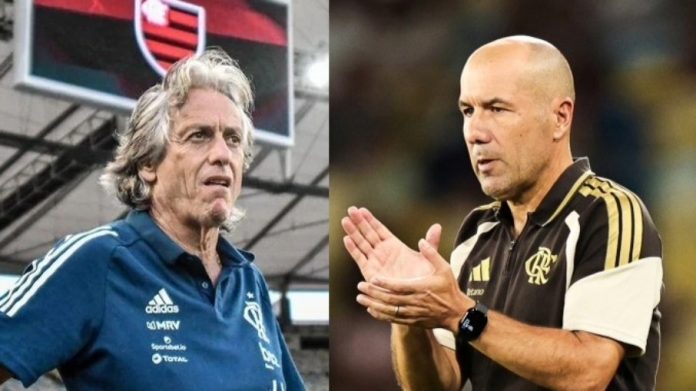 Ex-técnico do Flamengo Jorge Jesus e o atual técnico Léo Jardim