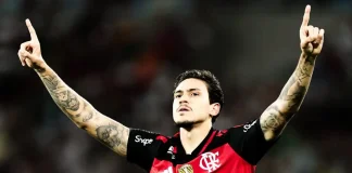 Pedro centroavante do Flamengo comemorando o seu golaço contra o Fluminense