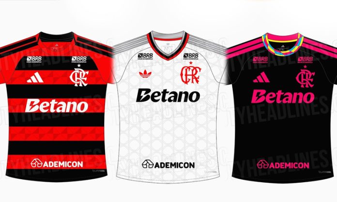 Novas Camisas do Flamengo para 2027, vazadas pelo site Footy Headlines