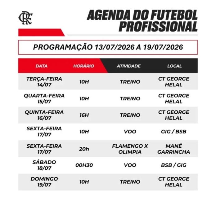 Agenda do Flamengo de 13 a 19 de julho de 2026
