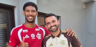 Kauã Santos e Leonam Kasali, no Ninho do Urubu