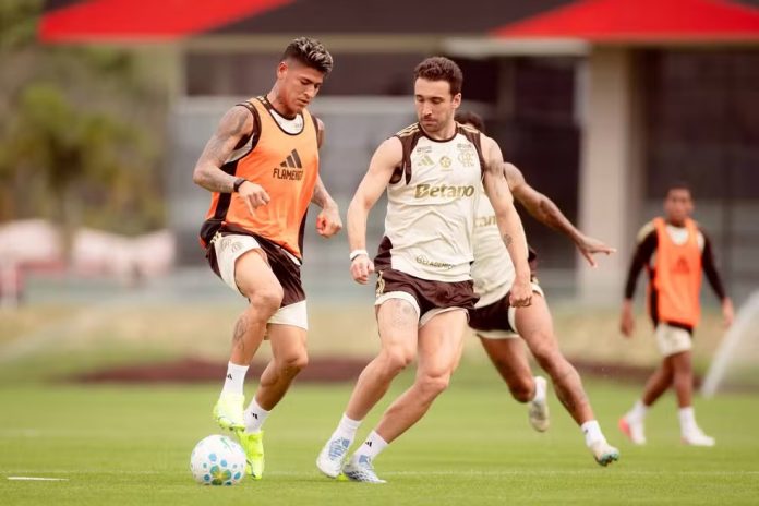 Jogadores do Flamengo em treino no Ninho do Urubu. Foto: Adriano Fontes/Flamengo