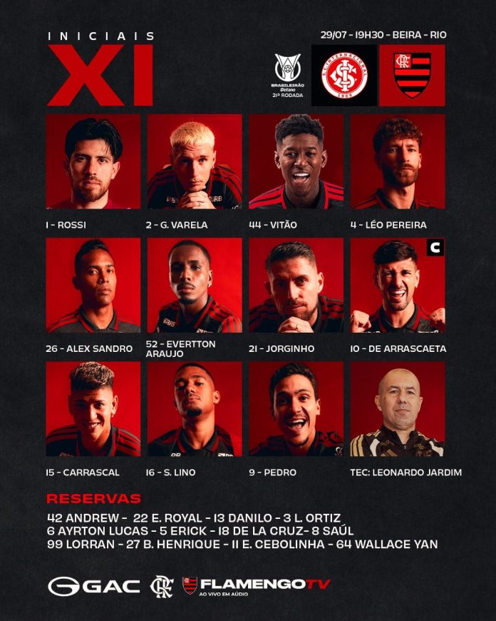 Escalação do Flamengo para a partida de hoje contra o Internacional, pelo Campeonato Brasileiro