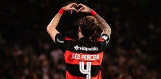 Léo Pereira zagueiro do Flamengo, comemorando seu gol no último domingo (26) contra o São Paulo no Maracanã
