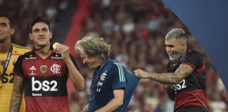Pedro, jogador do Flamengo, Jorge Jesus, ex-técnico e Gabi Gol ex-jogador do Flamengo