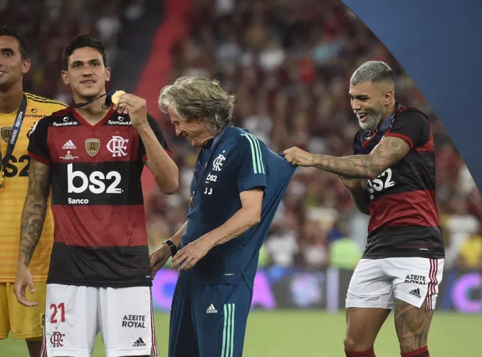 Pedro, jogador do Flamengo, Jorge Jesus, ex-técnico e Gabi Gol ex-jogador do Flamengo