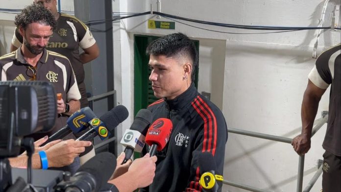 Luiz Araújo em entrevista após goleada do Flamengo sobre o Mirassol - Foto: Leo Jose/ Coluna do Fla