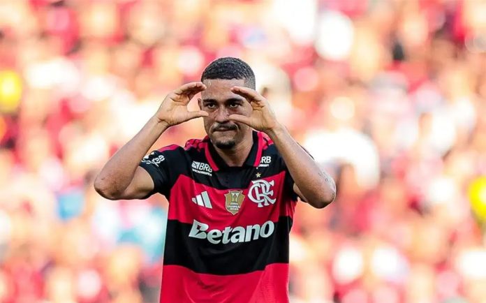 Samuel Lino comemora um dos seus 2 gols na vitória do Flamengo sobre o Botafogo no Maracanã