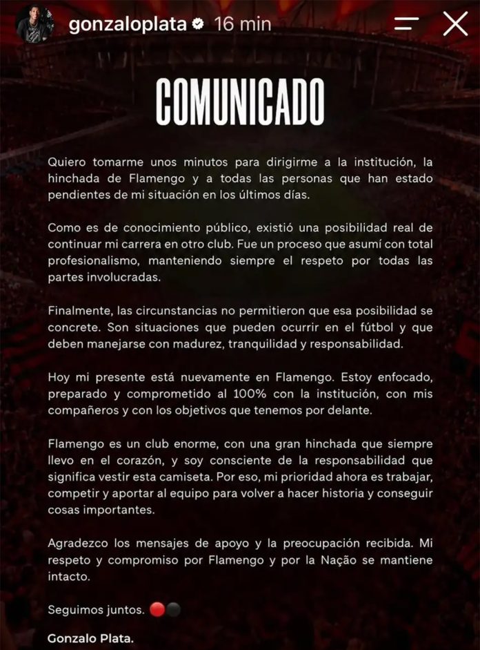 Comunicado de Gonzalo Plata em seu retorno ao Flamengo