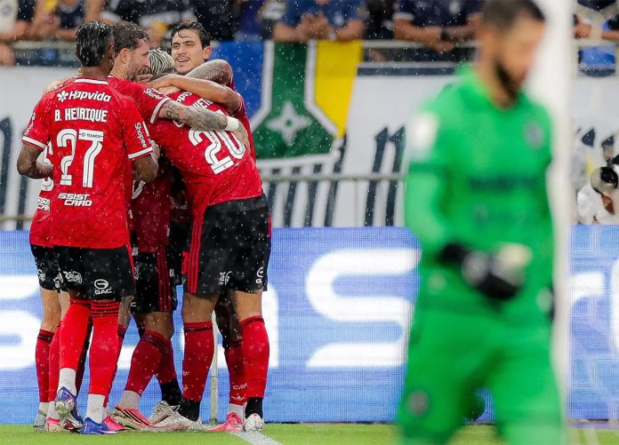 Jogadores comemoram o gol da vitória do Flamengo sobre o Remo no Mangueirão - Foto: Gilvan de Souza / Flamngo