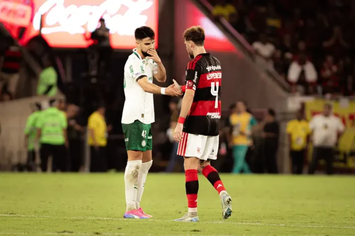 Léo Pereira cumprimenta Flaco Lopes no Flamengo x Palmeiras no Maracanã - Foto: Isabela Azine / AGIF / Folhapress