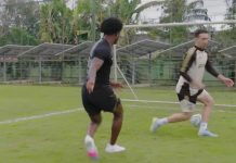 Astro do Ravens, Zay Flowers, brinca após duelo com Léo Ortiz em atividade antes da NFL no Rio