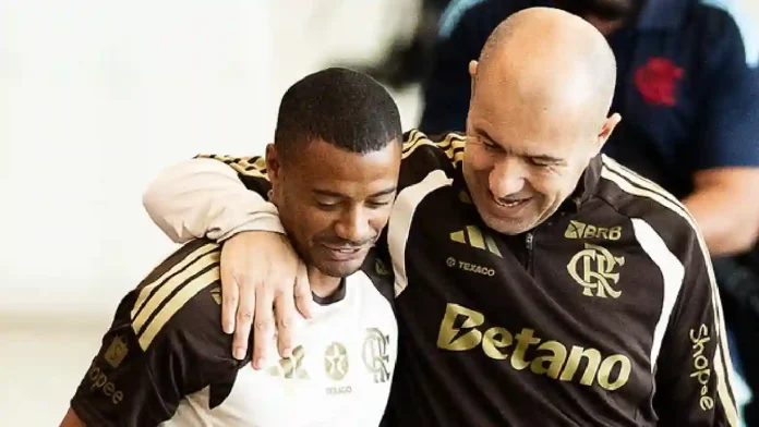 Jogador do Flamengo De la Cruz, e técnico Leonardo Jardim
