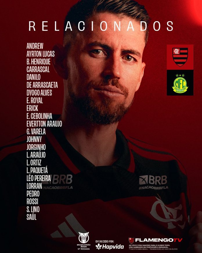 Jogadores relacionados para o jogo de hoje (02), contra o Mirassol pelo Brasileirão no Maracanã