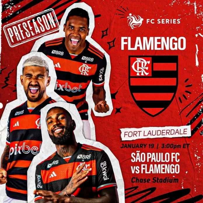 Cartaz do jogo entre Flamengo x São Paulo pelo FC Series no dia 19 de janeiro de 2025