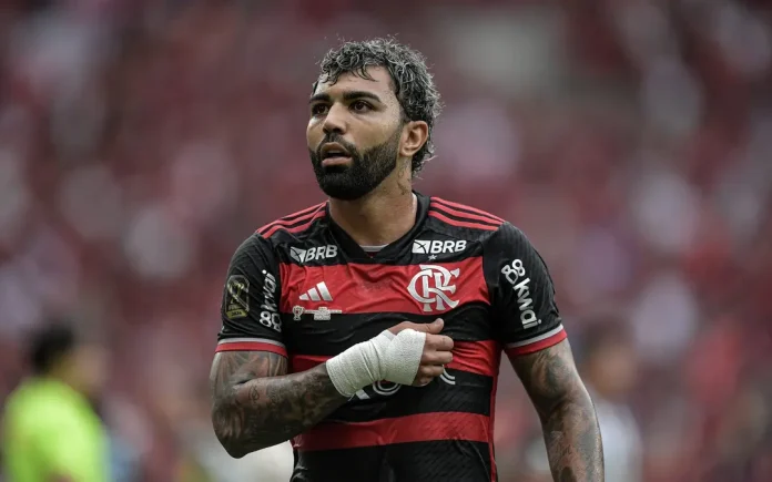 Gabigol comemora um dos seus 2 gols na vitória do Flamengo no 1º jogo da Final da Copa do Brasil