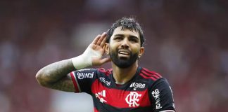 Gabigol comemora gol pelo Flamengo no 1º jogo da final da Copa do Brasil 2024