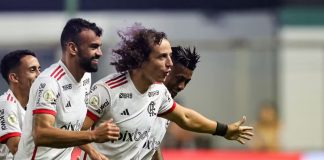 David Luiz marca e comemora o gol da vitória do Flamengo sobre o Cruzeiro