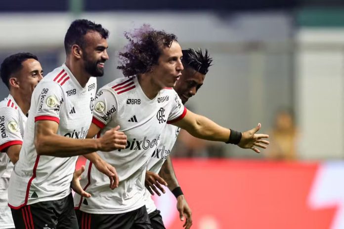 David Luiz marca e comemora o gol da vitória do Flamengo sobre o Cruzeiro