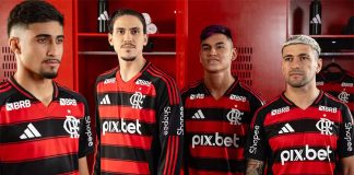 Guilherme, Pedro, Alcaraz e Arrascaeta no lançamento da nova camisa do Flamengo 2025