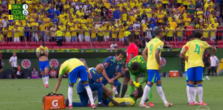 Gerson caído no jogo entre Brasil x Colômbia