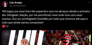 Post de Luiz Araújo pelos 100 jogos com a camisa do Flamengo
