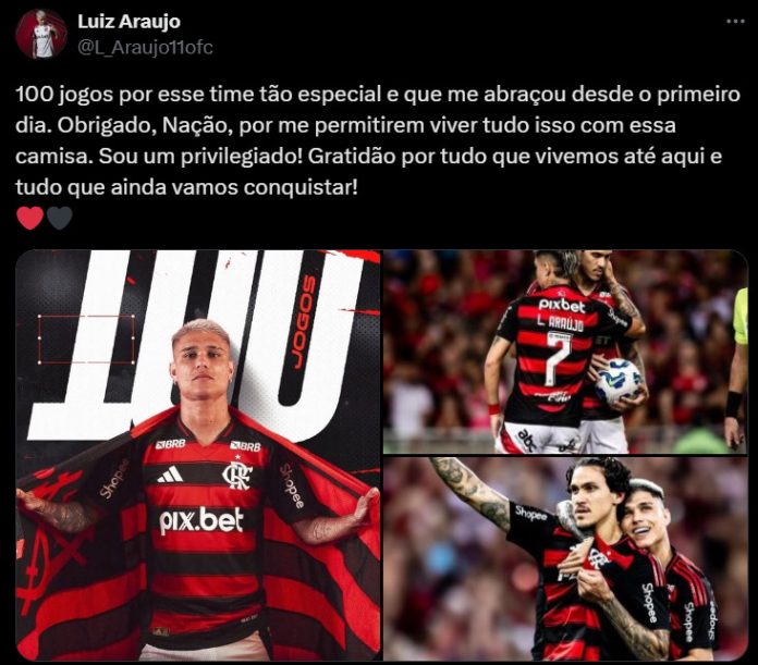 Post de Luiz Araújo pelos 100 jogos com a camisa do Flamengo