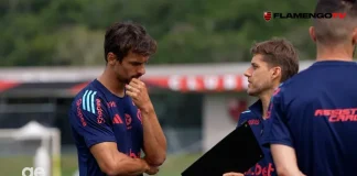 Rodrigo Caio em treino do Flamengo no Ninho do Urubu