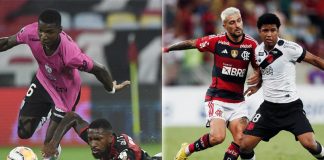 Caicedo no duelo com Gerson no jogo entre Del Valle x Flamengo e Arrascaeta no duelo com Andrey Santos no jogo entre Flamengo x Vasco