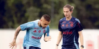 Everton Cebolinha e Filipe Luís em treino no Ninho do Urubu