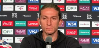 Filipe Luís em coletiva do Flamengo nos EUA