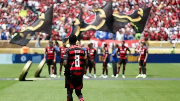 Jogadores do Flamengo entrando em campo para o jogo contra o Chelsea