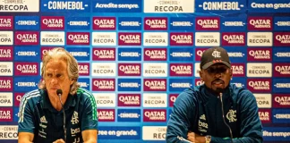 Jorge Jesus e Gerson em entrevista coletiva pelo Flamengo em 2019