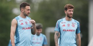 Léo Ortiz e Léo Pereira em treino do Flamengo em Atlantic City, nos EUA