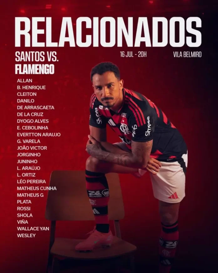 Jogadores do Flamengo relacionados para o duelo contra o Santos