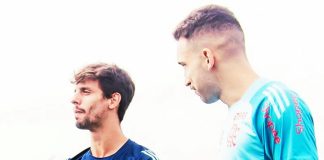 Rodrigo Caio e Léo Ortiz em treino do Flamengo