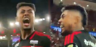 Bruno Henrique comemora o segundo gol do Flamengo na goleada sobre o Independiente Medellín