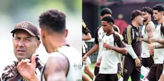 Léo Jardim em dia de treino com os jogadores do Flamengo no Ninho do Urubu