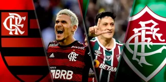 Pedro jogador do Flamengo e Germán Cano jogador do Fluminense